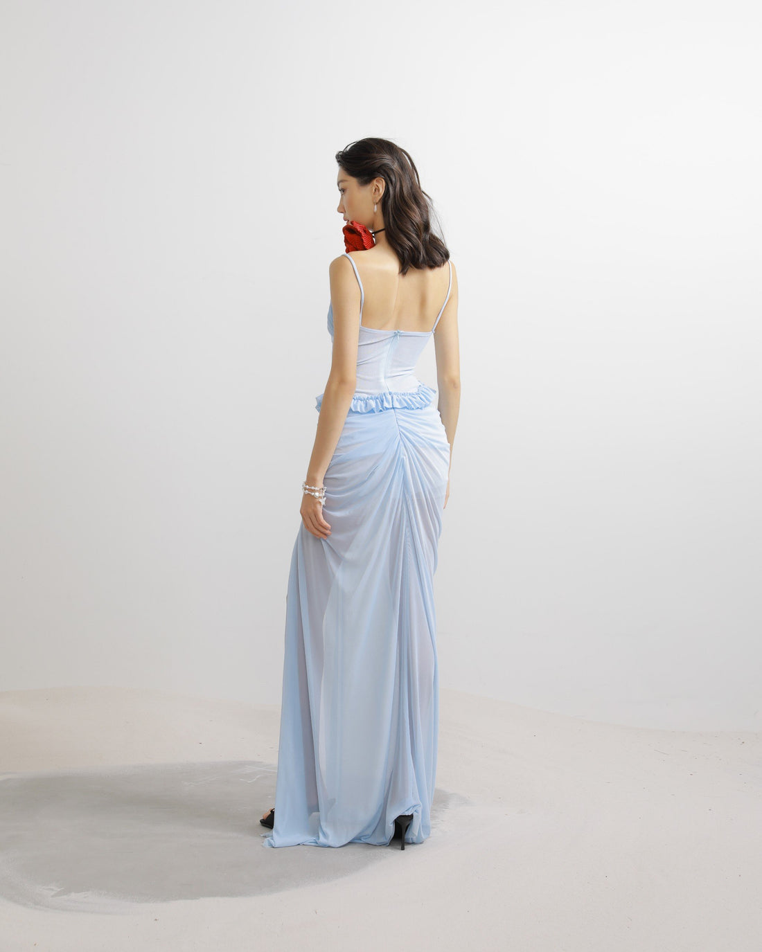 Mesh Camisole Ruched Midi Gown