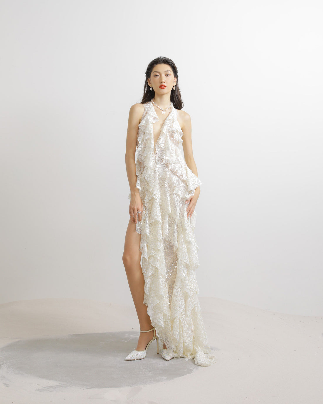 Halter V Neck Ruffle Ruched Maxi Dress in Cream