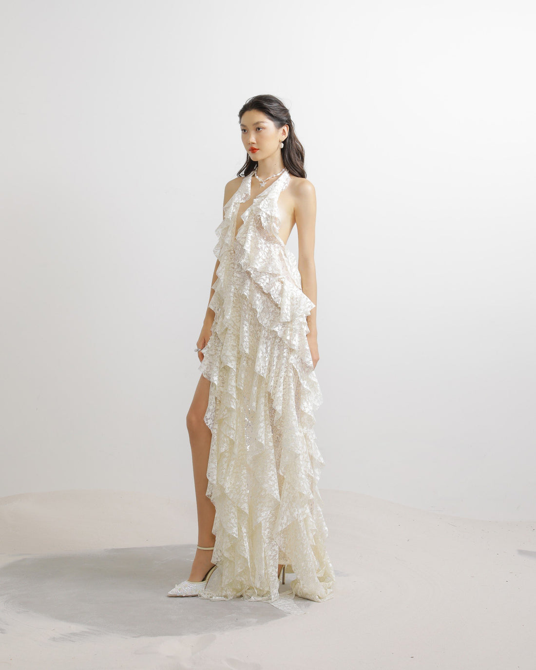 Halter V Neck Ruffle Ruched Maxi Dress in Cream