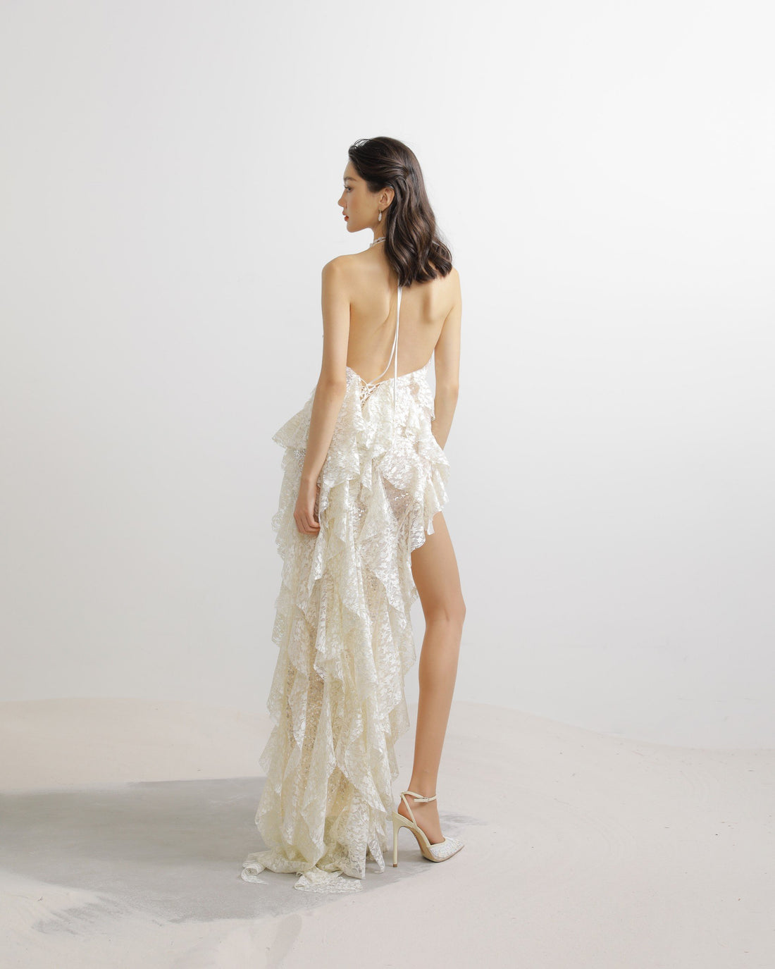Halter V Neck Ruffle Ruched Maxi Dress in Cream