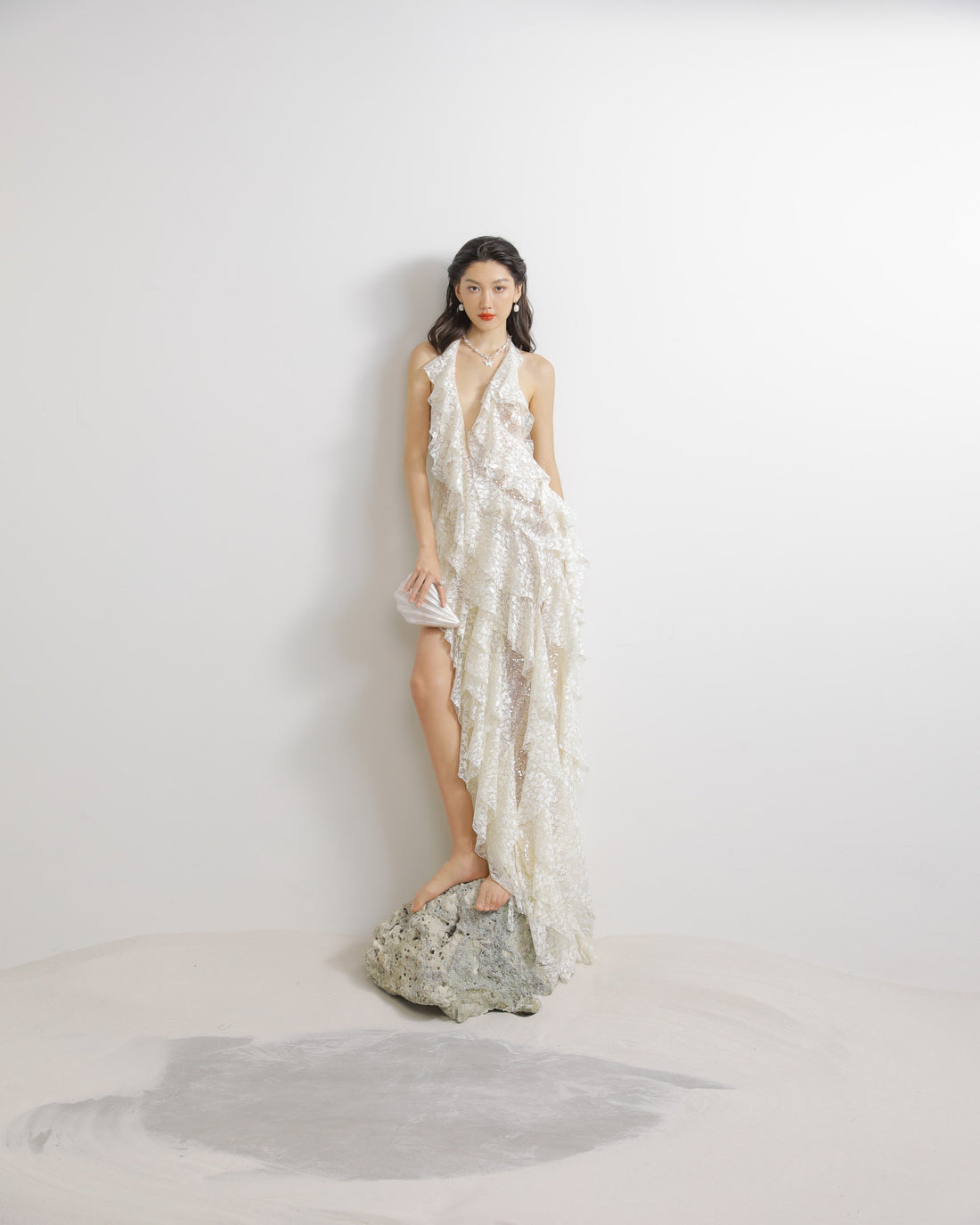 Halter V Neck Ruffle Ruched Maxi Dress in Cream