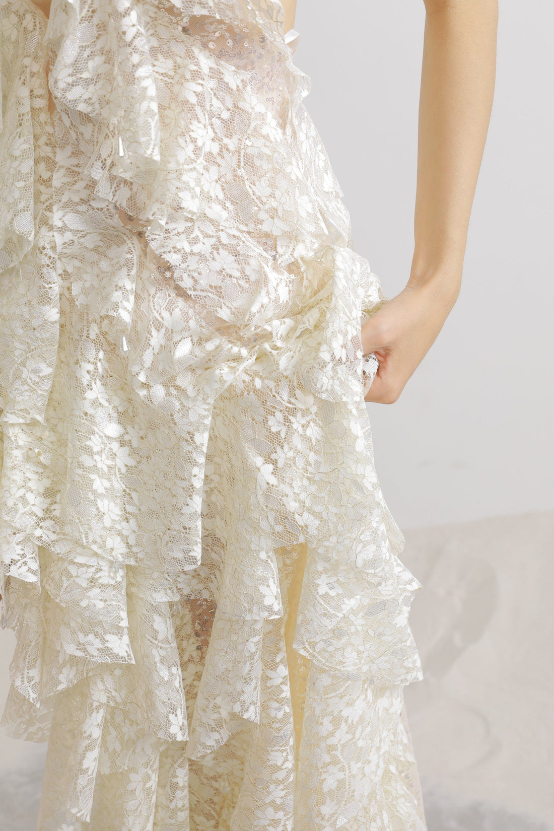 Halter V Neck Ruffle Ruched Maxi Dress in Cream