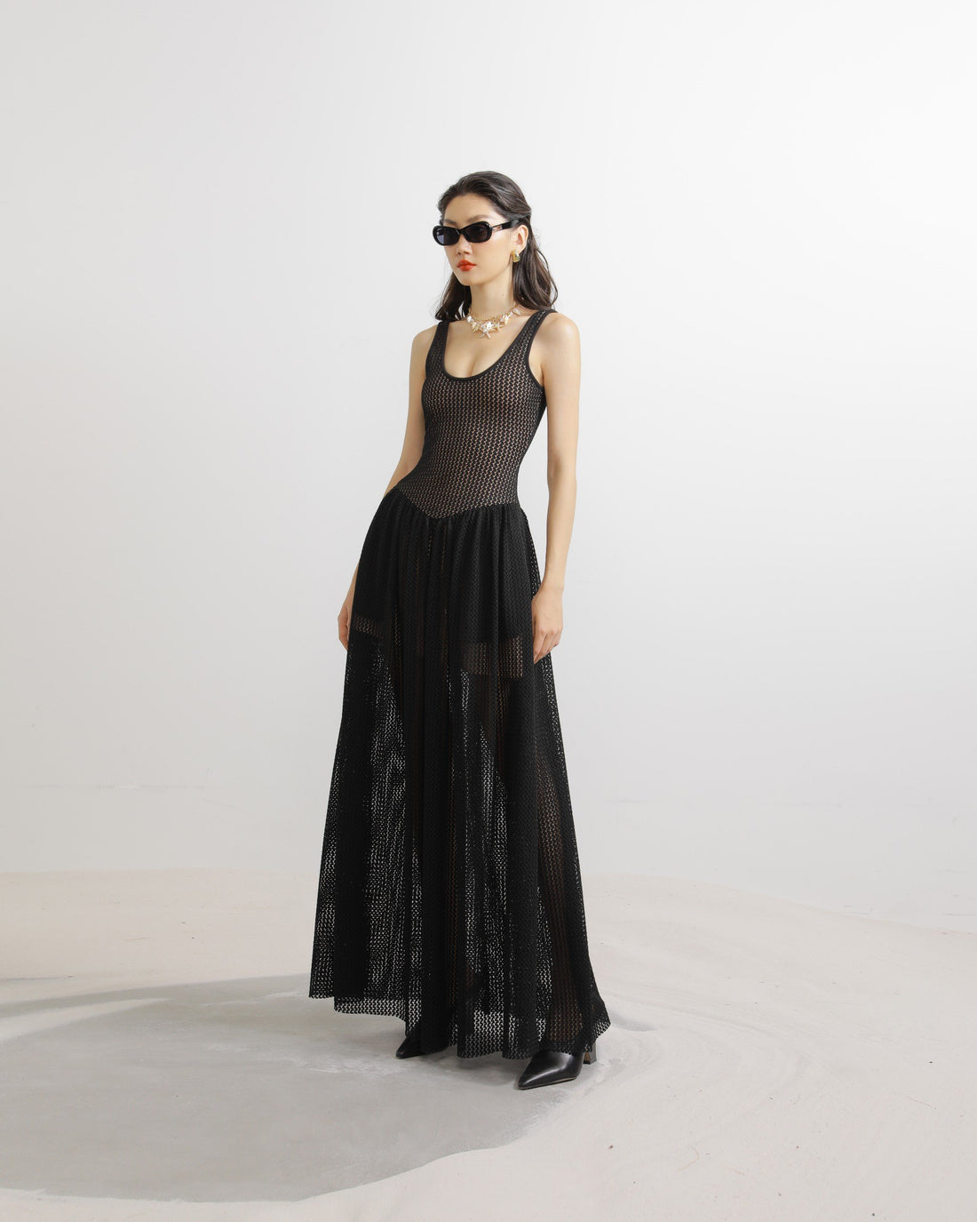 Lace Cami Midi Dress in Black