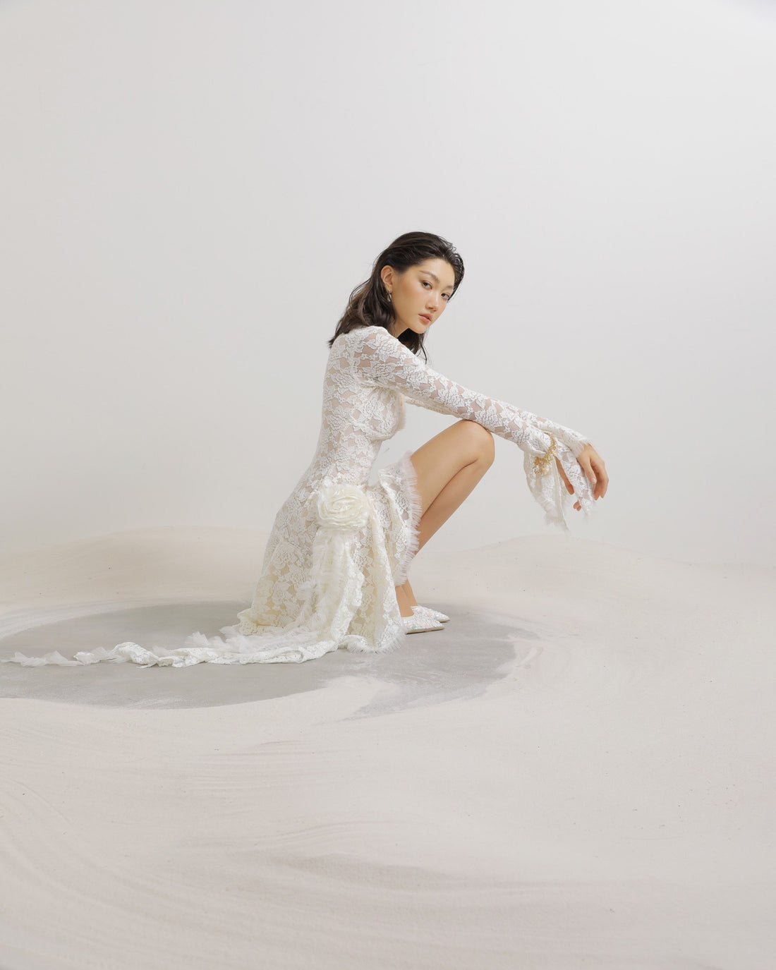 Ruffle Floral Embroidered Lace Long Flare Sleeves V Neck Mini Dress in White