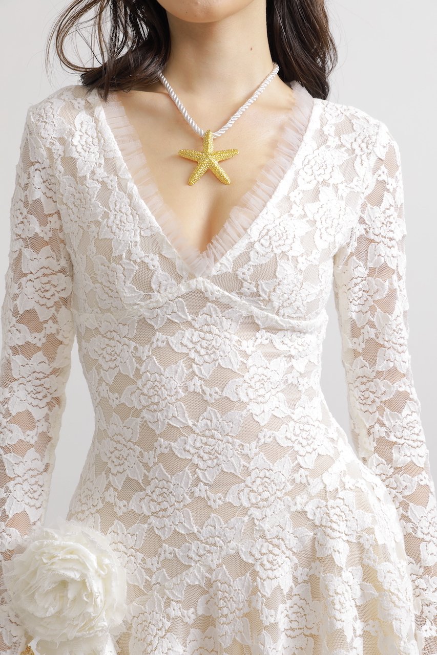 Ruffle Floral Embroidered Lace Long Flare Sleeves V Neck Mini Dress in White
