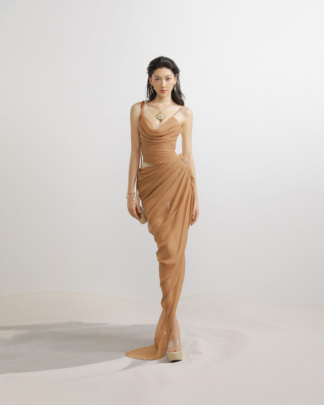 Mesh Lace Cowl Pleated Cut-Out Midi Dress in Beige