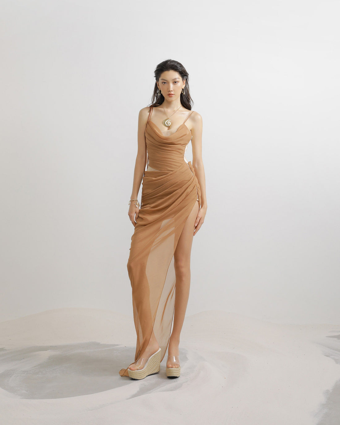 Mesh Lace Cowl Pleated Cut-Out Midi Dress in Beige