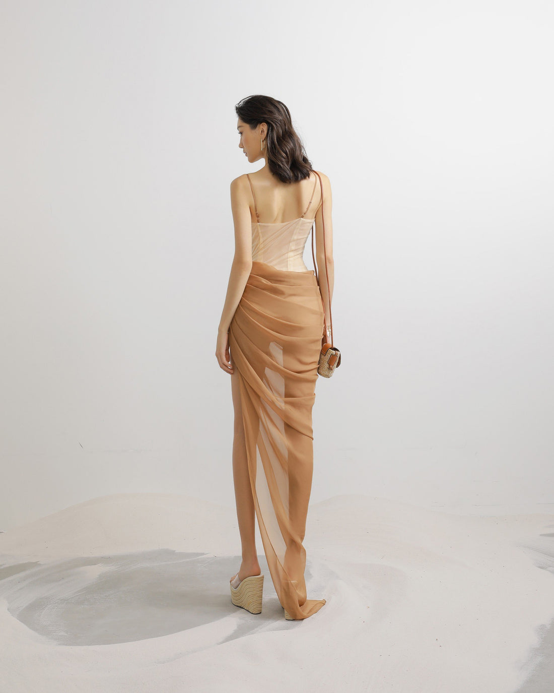 Mesh Lace Cowl Pleated Cut-Out Midi Dress in Beige