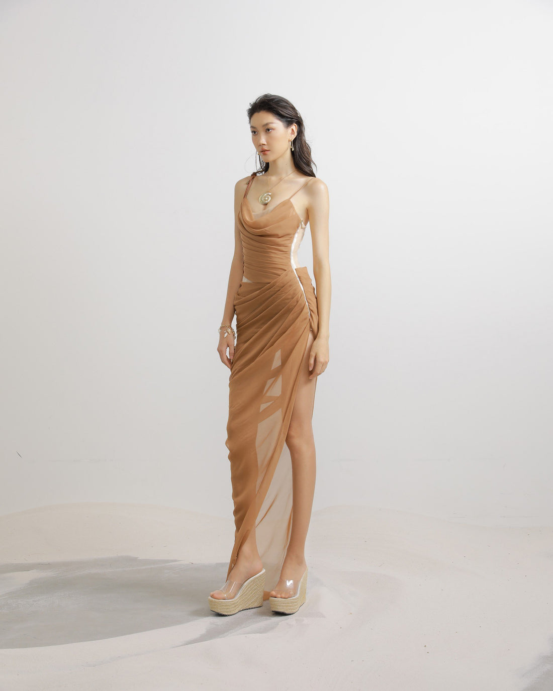 Mesh Lace Cowl Pleated Cut-Out Midi Dress in Beige