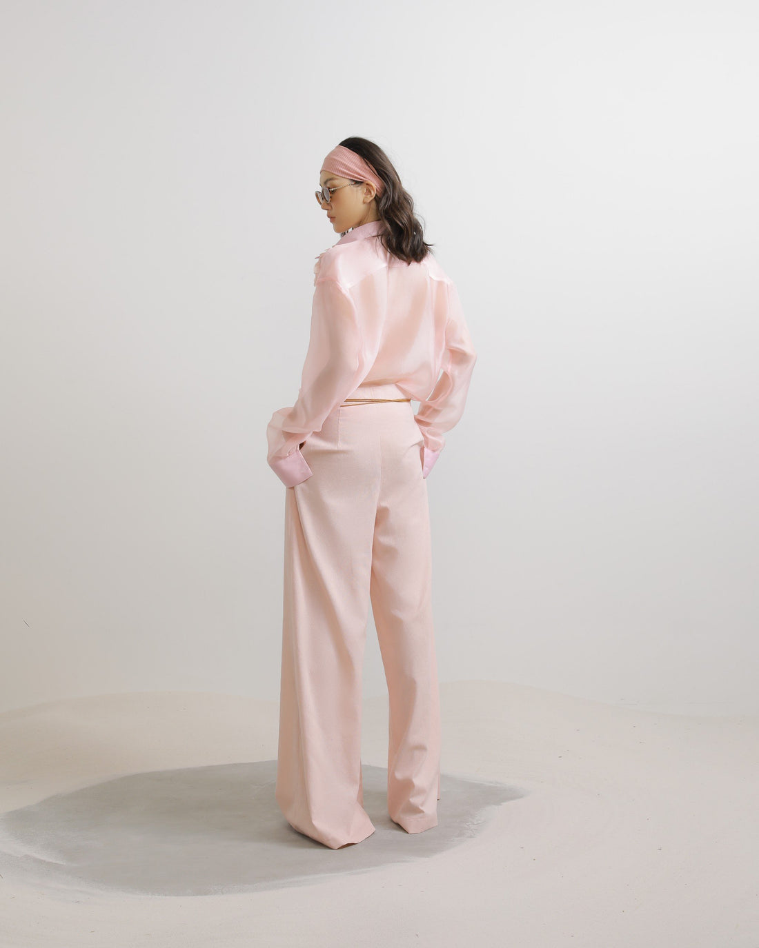 Pattern Embroidered Puff Sleeves Organza Shirt in Light Pink
