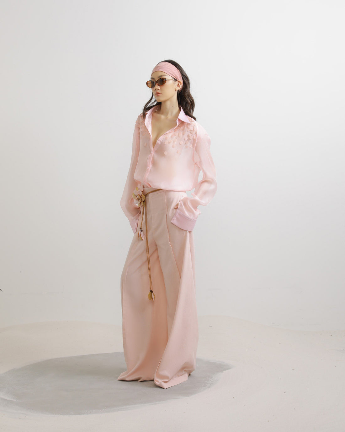 Pattern Embroidered Puff Sleeves Organza Shirt in Light Pink