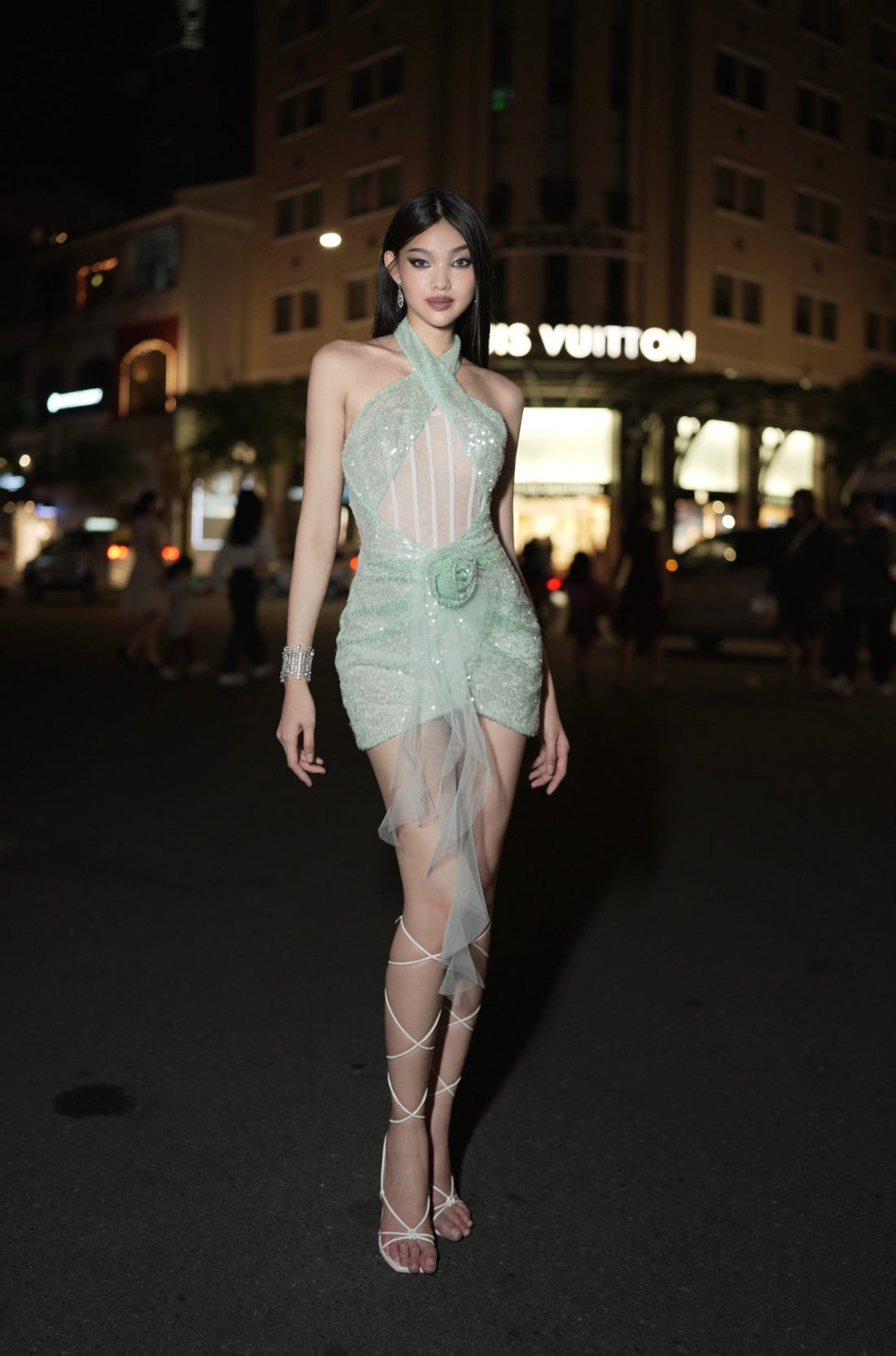 rosa mesh halter mini dress Des Phemmes Sequined Mesh Halter Dress