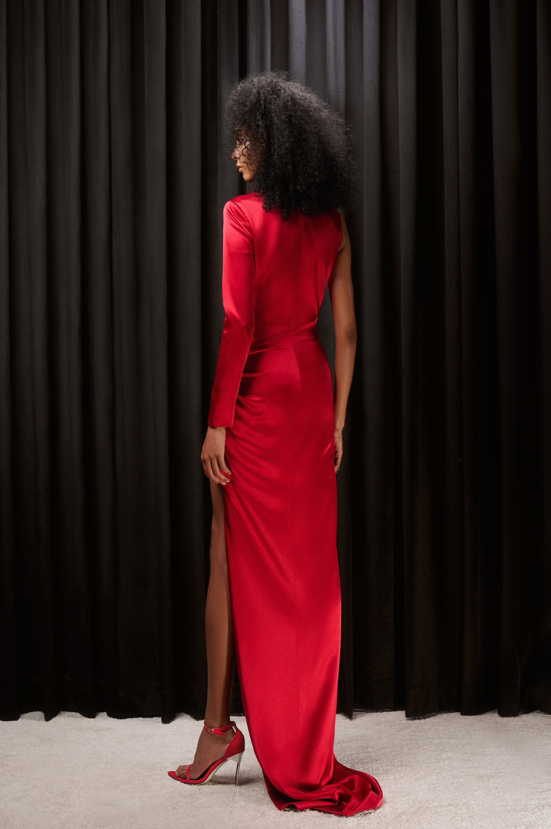 RED SILK EMBROIDERED RHINESTONE DRESS