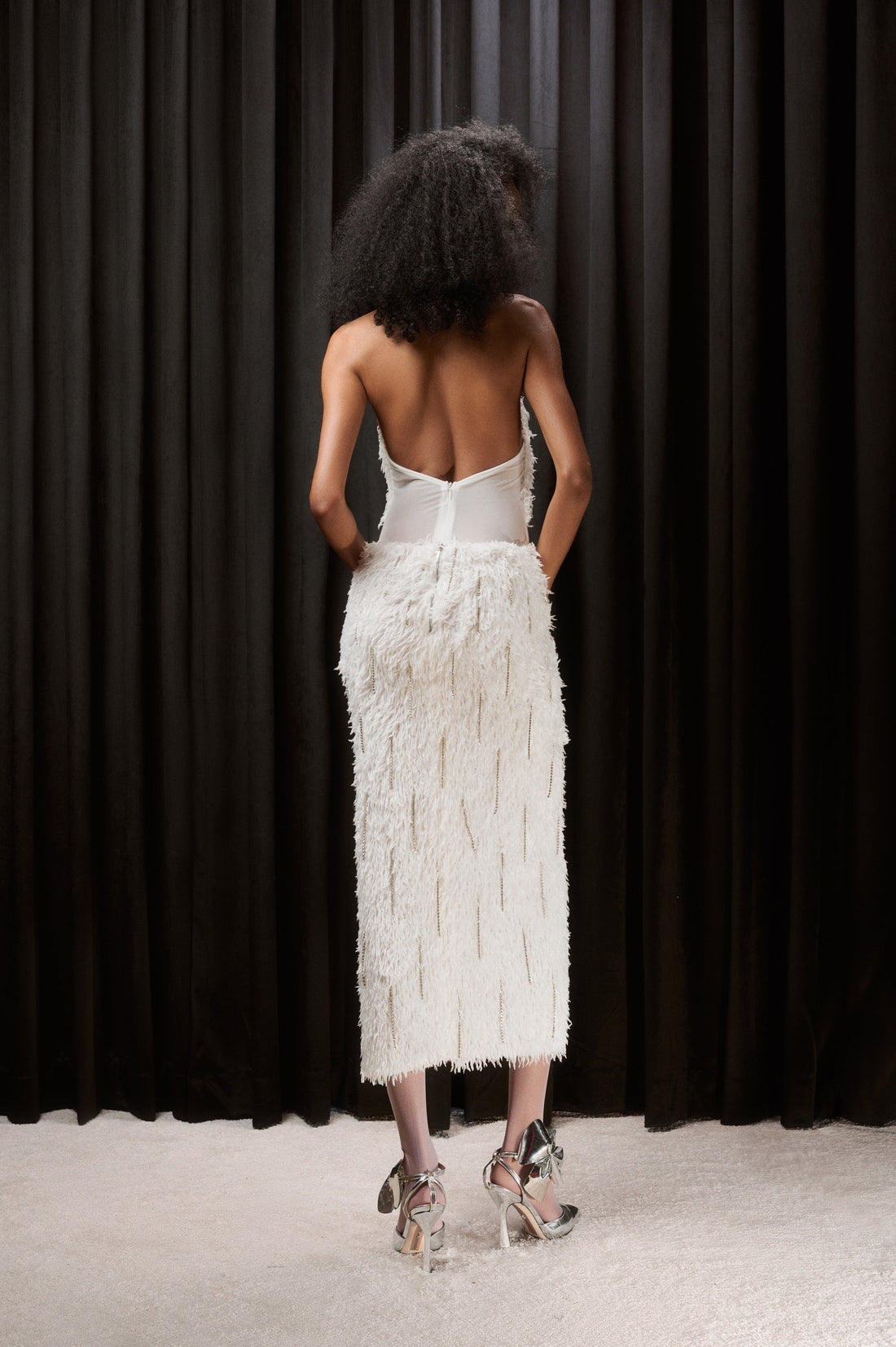 WHITE FUR CUT OUT MIDI SKIRT