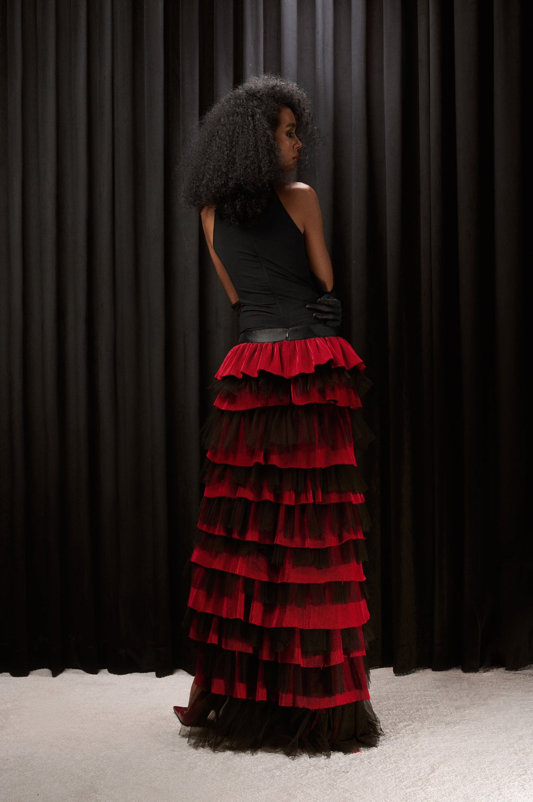 RUFFLE MESH MIDI SKIRT