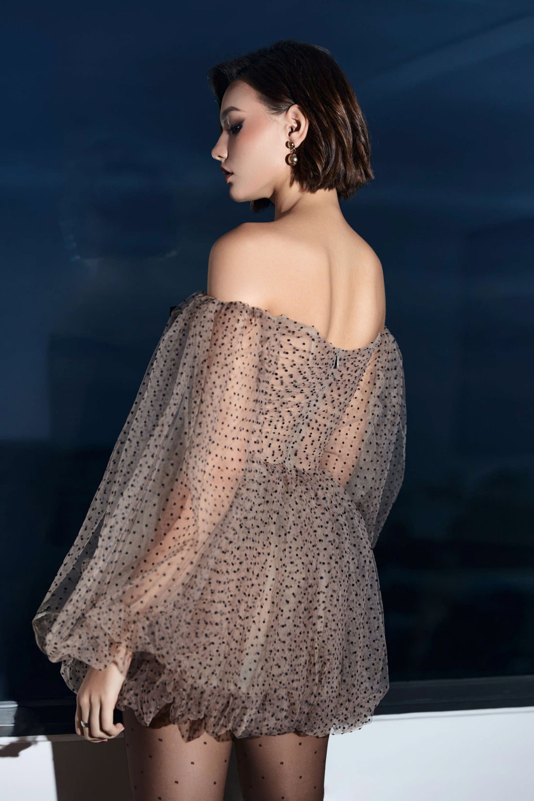 Polka Dot Off Shoulder Mesh Dress with Puff Sleeves