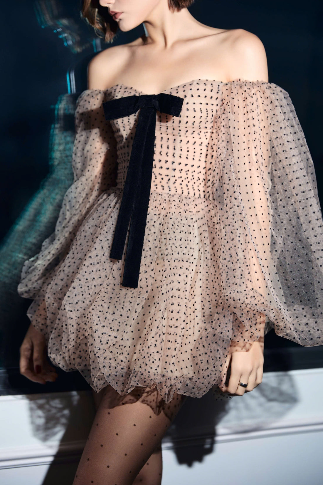 Polka Dot Off Shoulder Mesh Dress with Puff Sleeves
