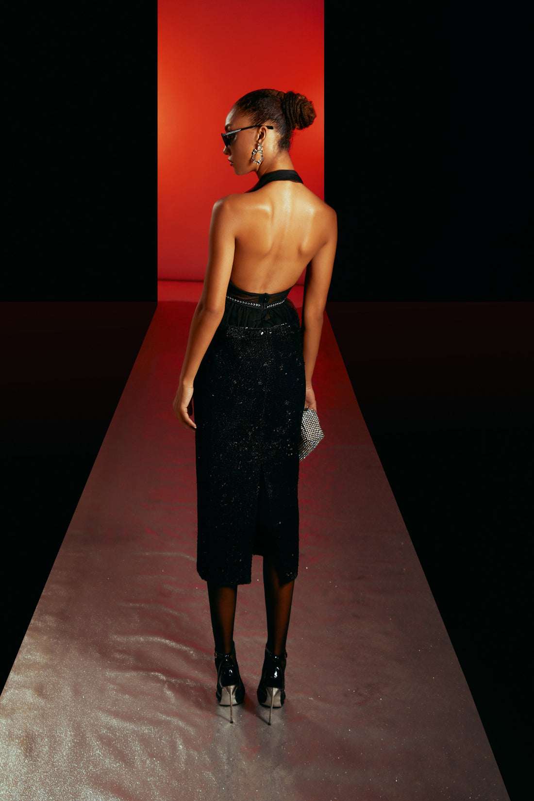Slashed Mesh Sequin Midi Dress