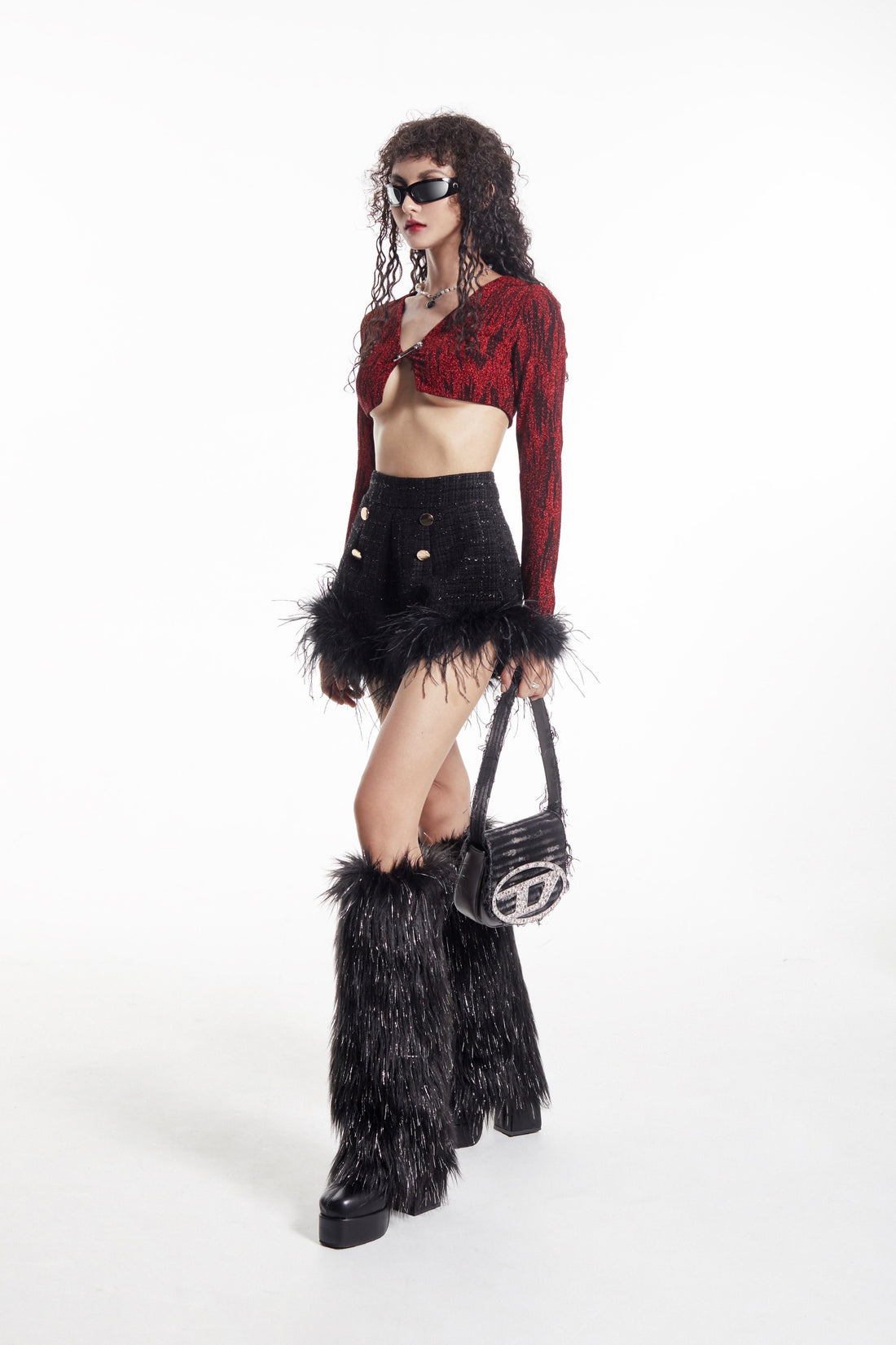 Fur Trim Tweed Mini Skirt