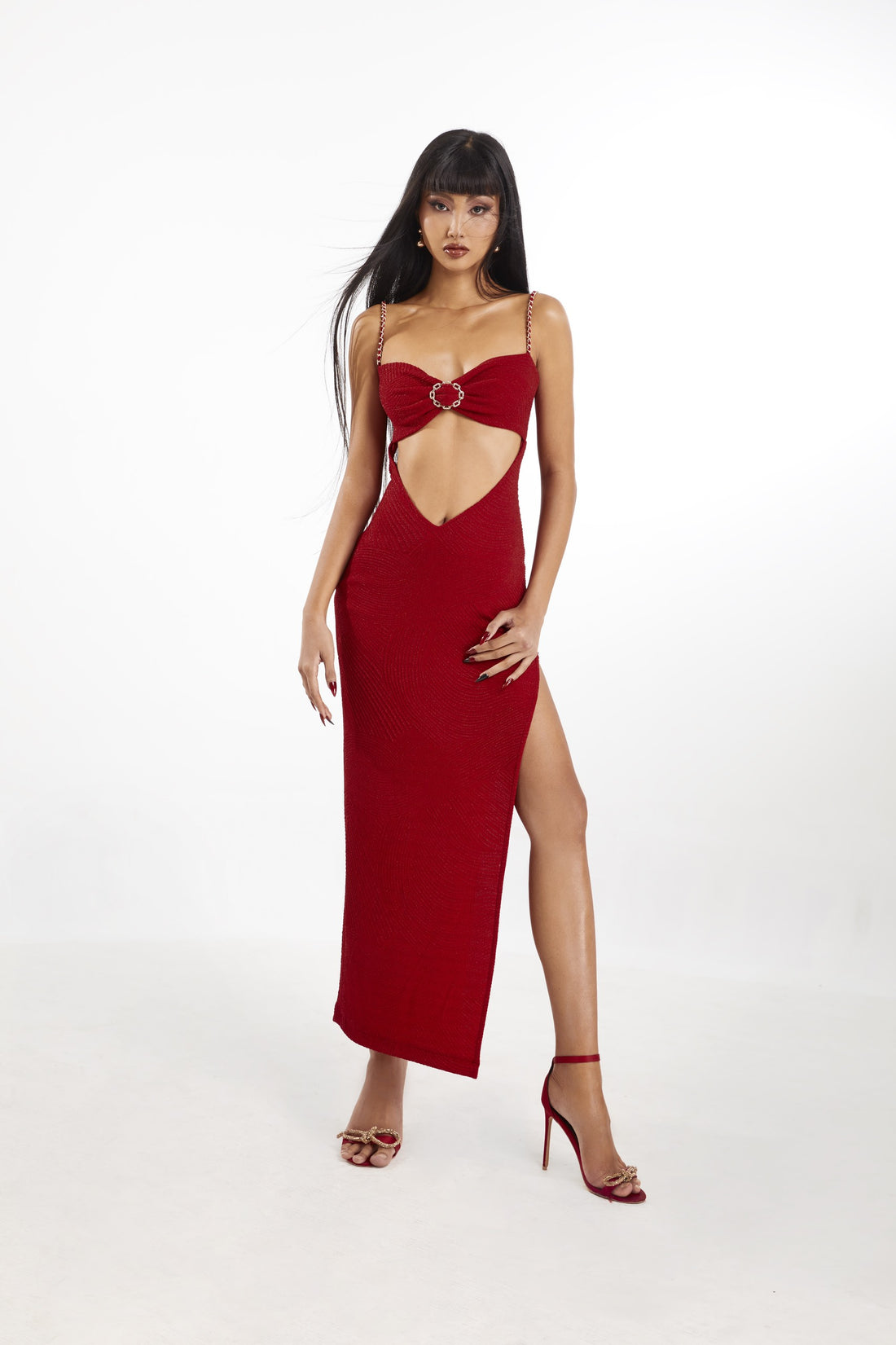 Red High Split Jersey Maxi Dress With Coat