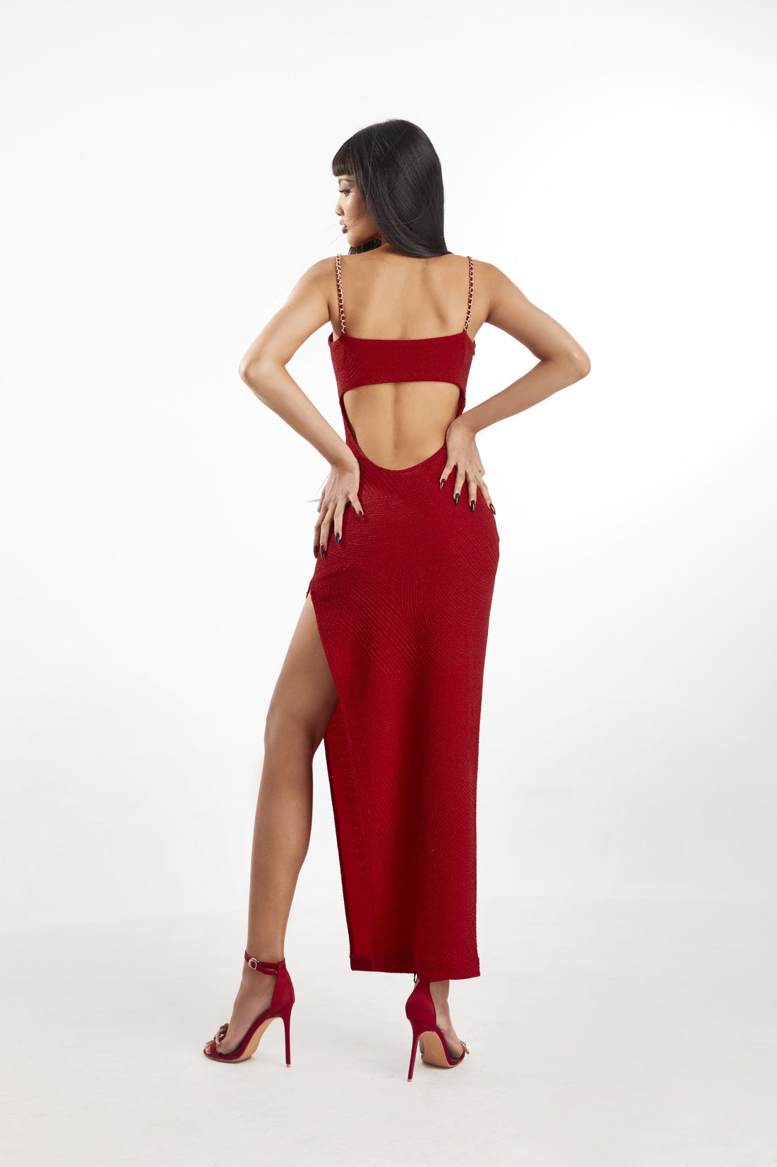 Red High Split Jersey Maxi Dress With Coat