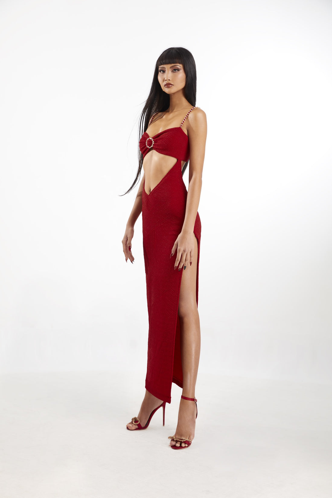 Red High Split Jersey Maxi Dress With Coat