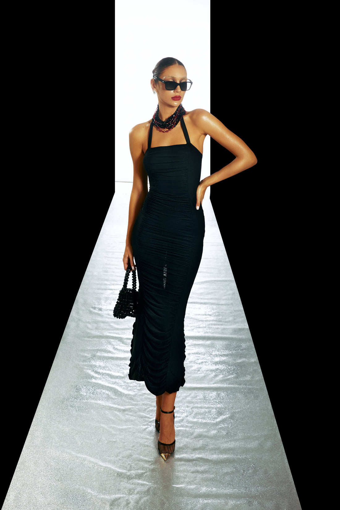 Tulle Halter Midi Dress With Ruched Draping